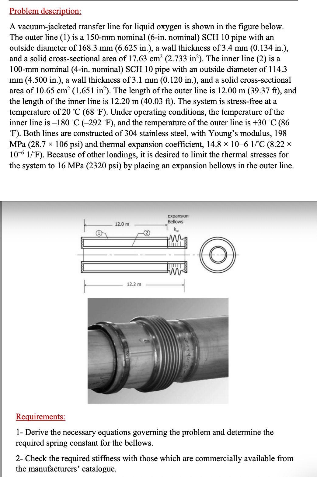 Problem description: A vacuum-jacketed transfer line for liquid oxygen is shown in