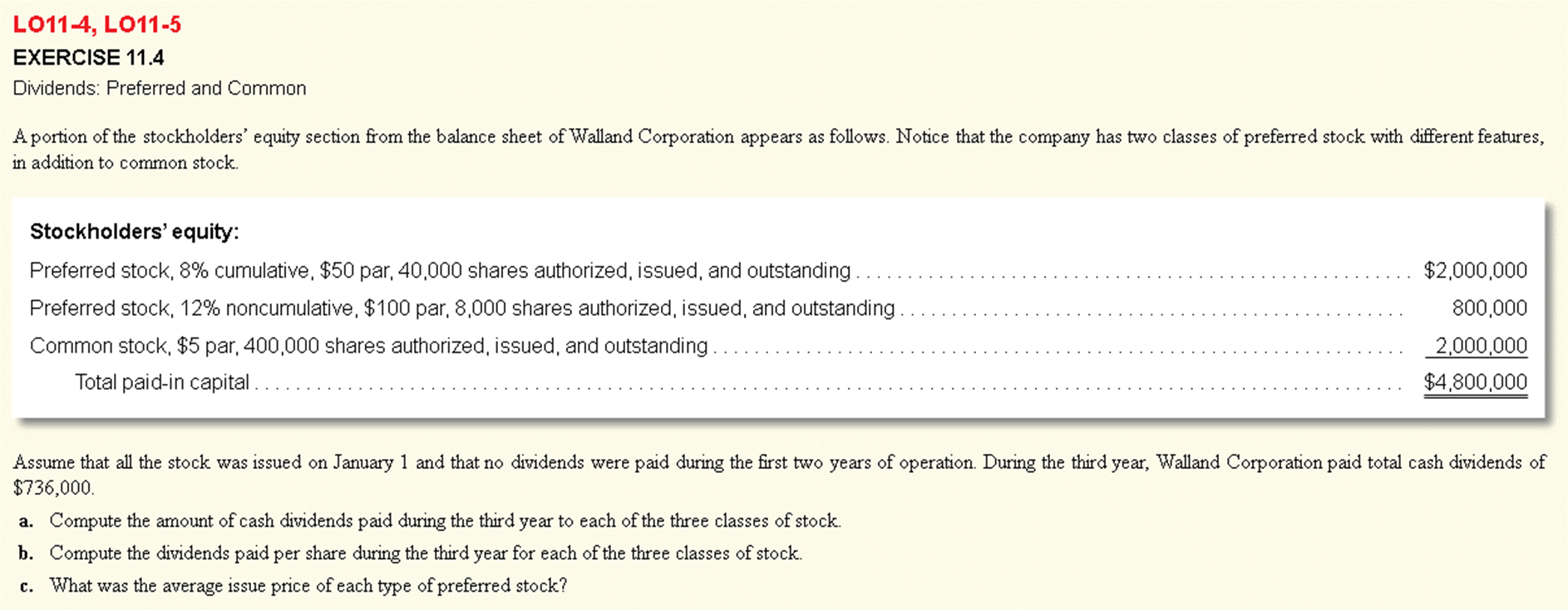 L011-4, LO11-5 EXERCISE 11.4 Dividends: Preferred and Common A portion of the
