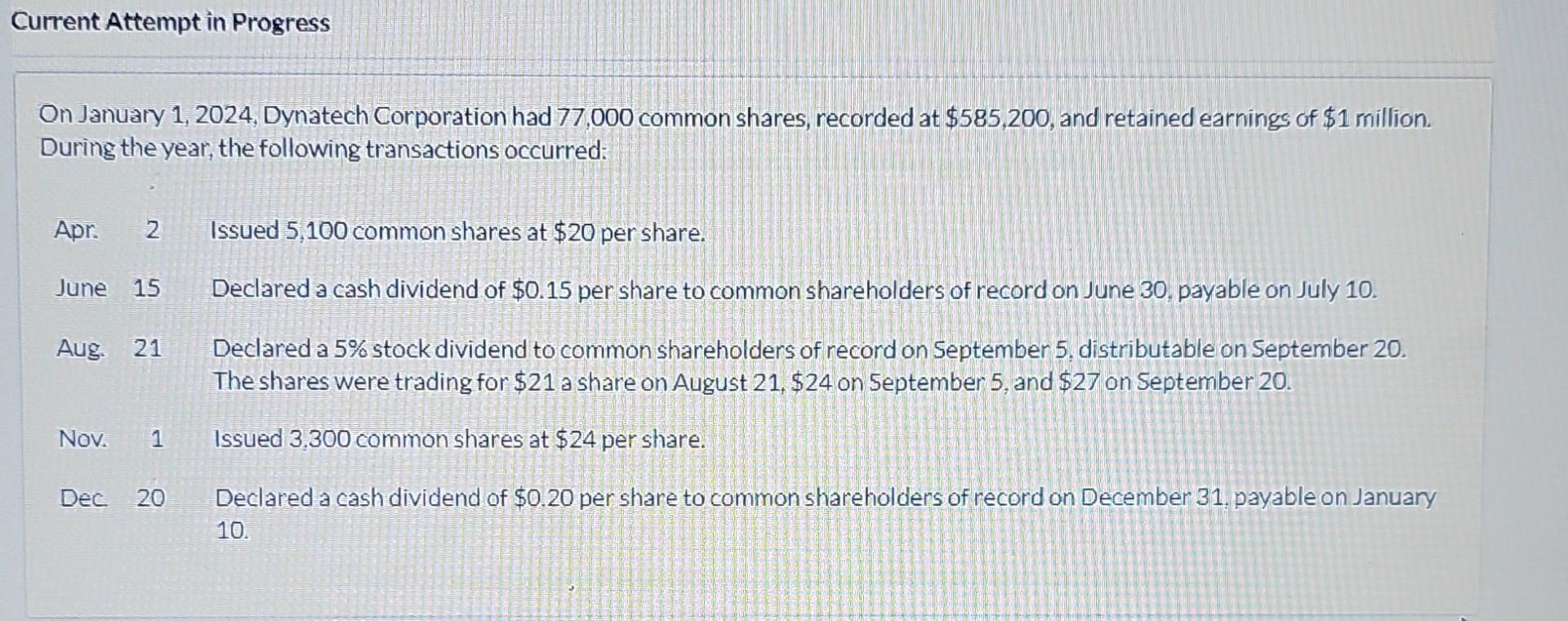 Current Attempt in Progress On January 1, 2024, Dynatech Corporation had 77,000
