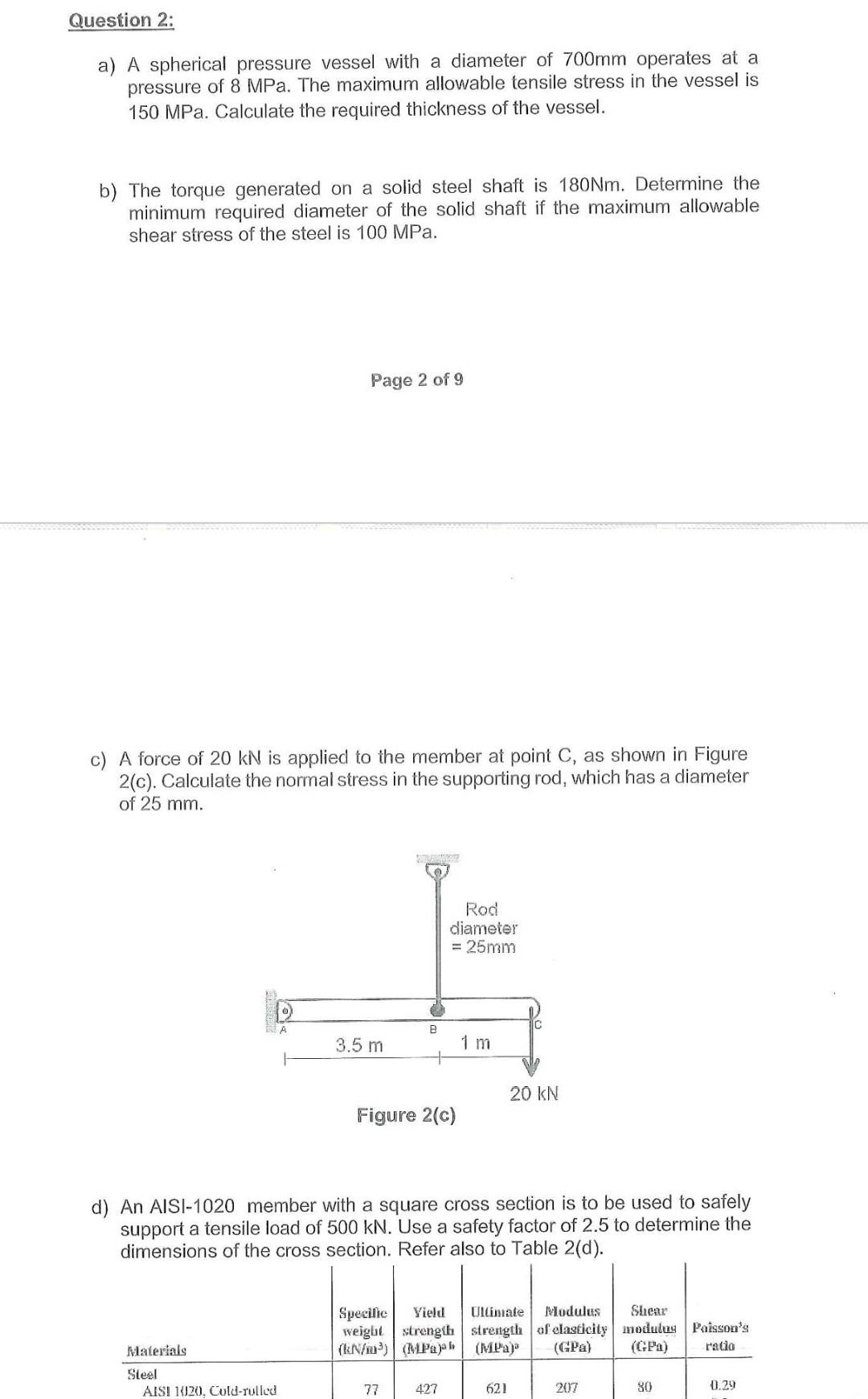 Question 2: a) A spherical pressure vessel with a diameter of 700mm