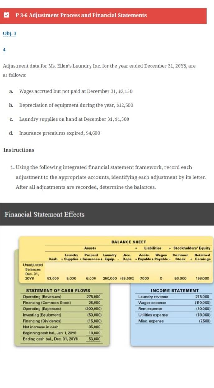 Obj. 3 P 3-6 Adjustment Process and Financial Statements Adjustment data for