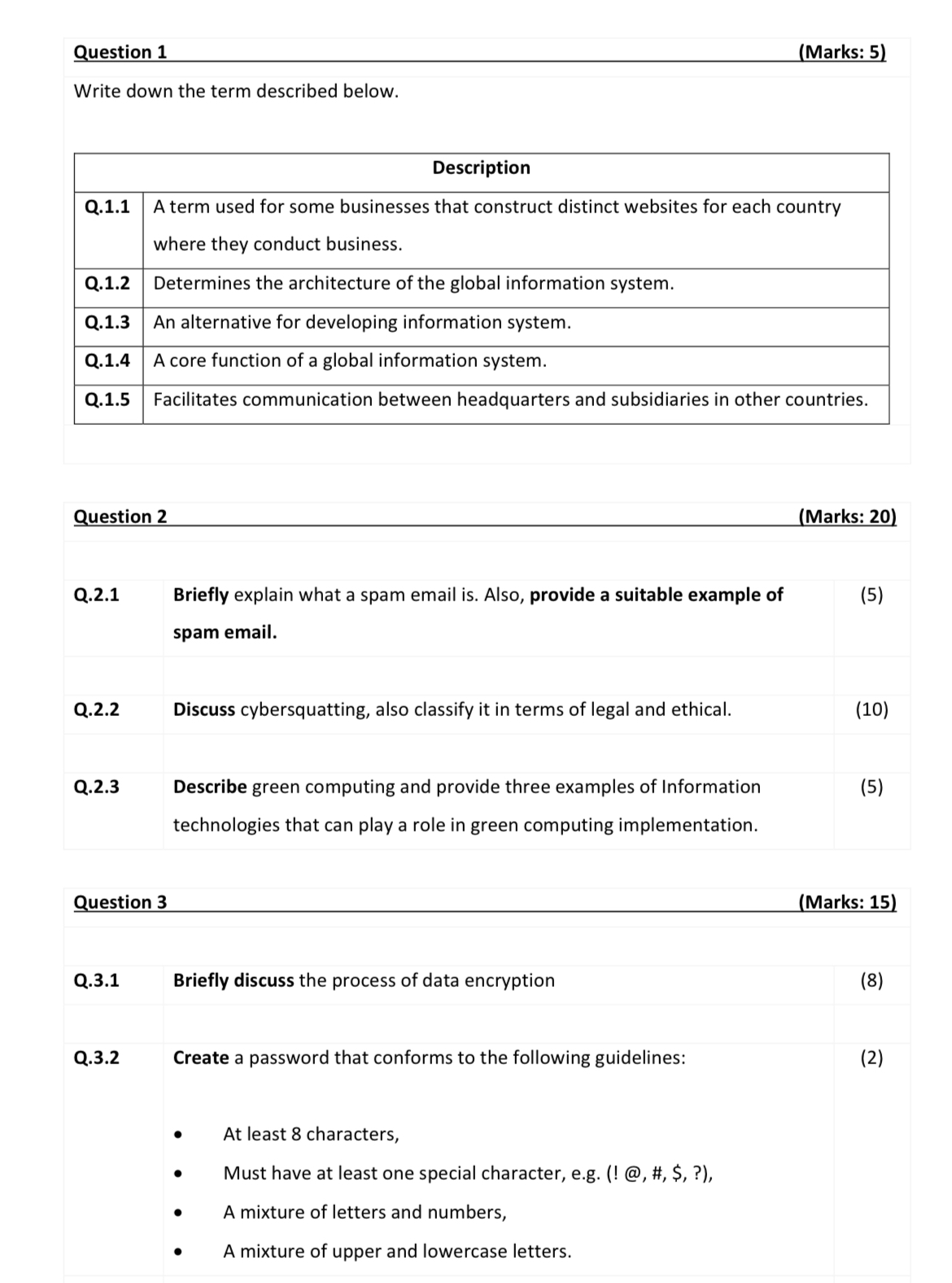 Question 1 Write down the term described below. Q.1.1 Description (Marks: 5)