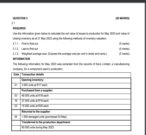 QUESTION 2 2.1 REQUIRED (20 MARKS) Use the information given below to
