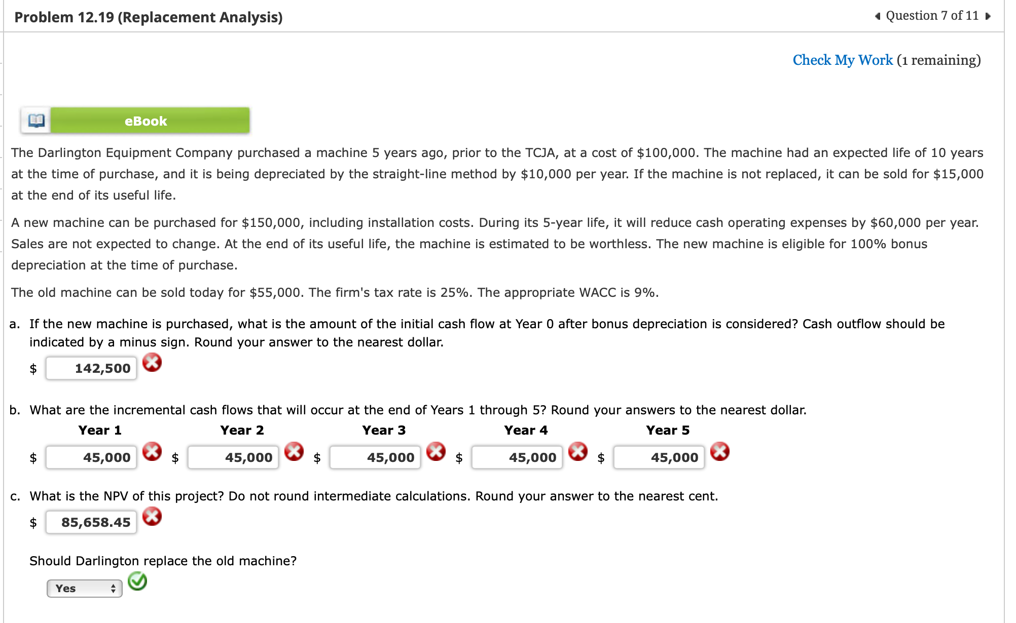 Problem 12.19 (Replacement Analysis) Question 7 of 11 Check My Work (1