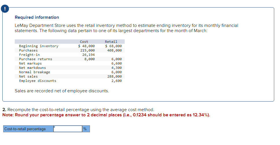 Required information LeMay Department Store uses the retail inventory method to estimate