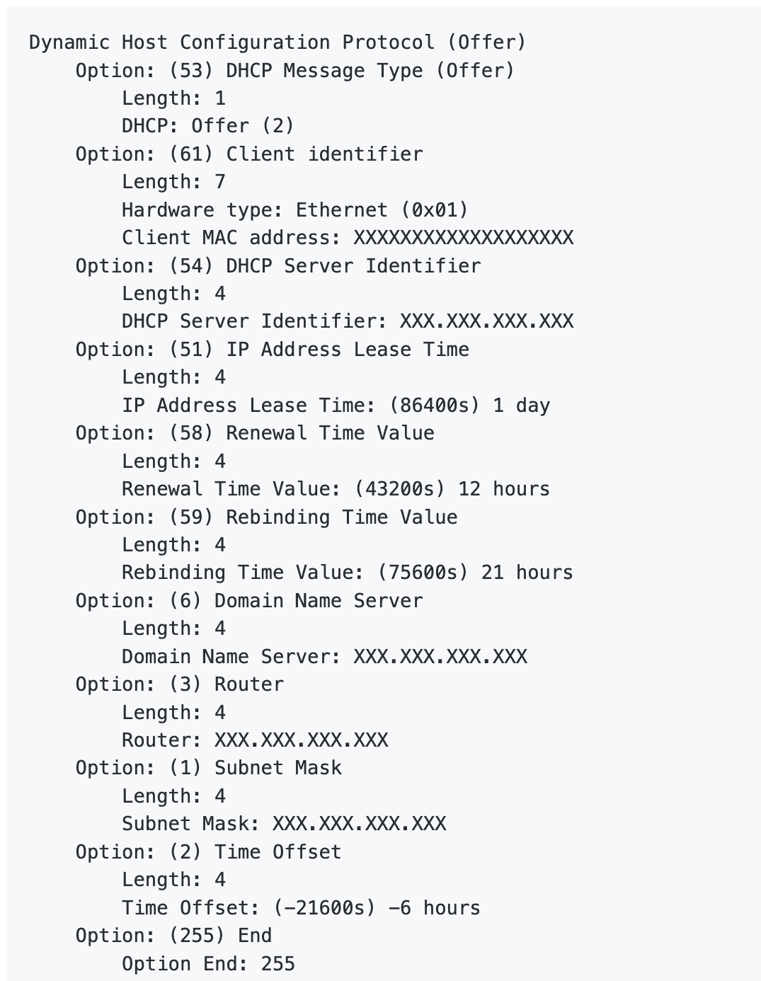 1 DHCP: Discover (1) Option: (61) Client identifier Length: 7 Hardware type:
