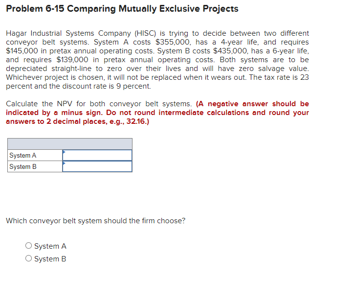 Problem 6-15 Comparing Mutually Exclusive Projects Hagar Industrial Systems Company (HISC) is