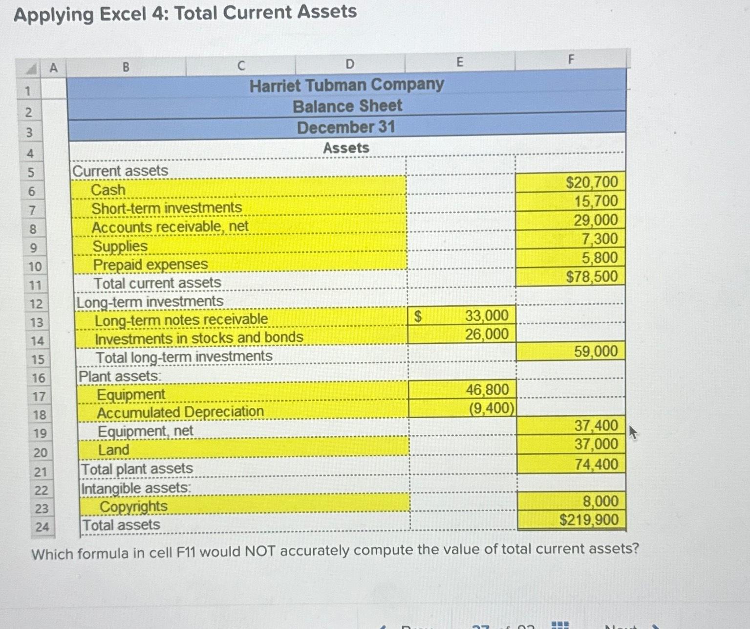 Applying Excel 4: Total Current Assets A B 1 C D E
