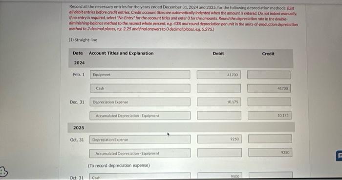 e.g. 5,275.) Straight-Line Depreciation expense 2024 2025 11,100 Double-Diminishing- Balance Units-of- Production