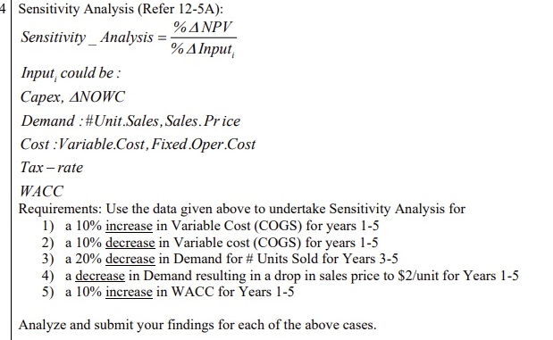4 Sensitivity Analysis (Refer 12-5A): %ANPV Sensitivity Analysis = %A Input Input,