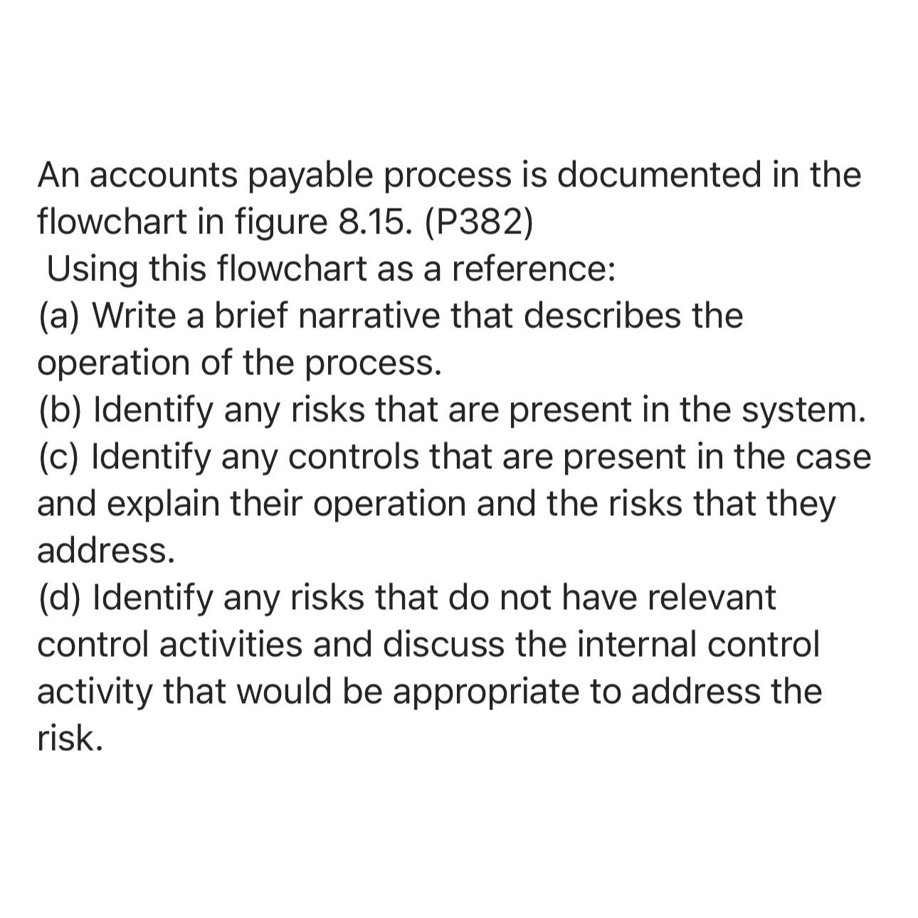 An accounts payable process is documented in the flowchart in figure 8.15.