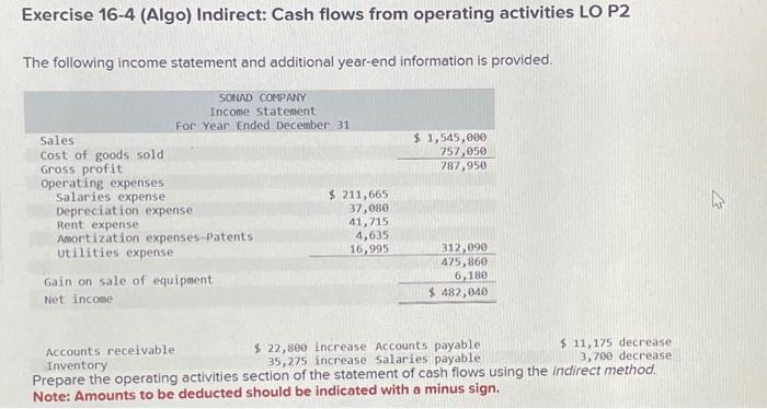 Exercise 16-4 (Algo) Indirect: Cash flows from operating activities LO P2 The