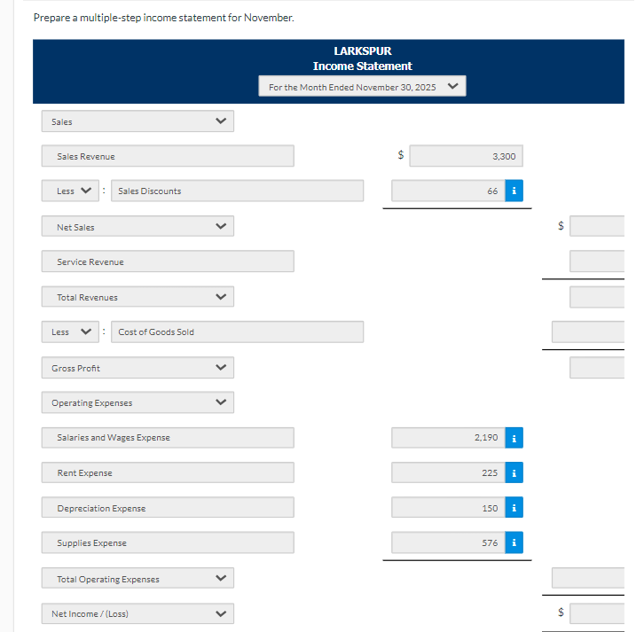 27 Purchased supplies on account $1,020. On November 1, 2025, Larkspur Inc.