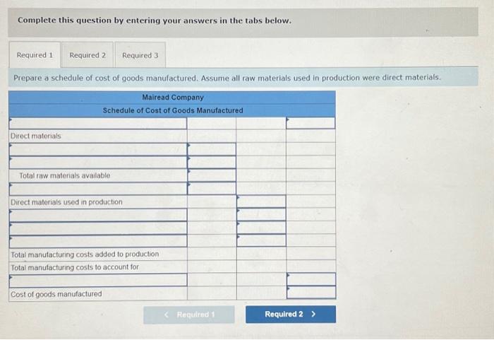 accounting records of Mairead Company. Sales Direct labor cost Raw material purchases: