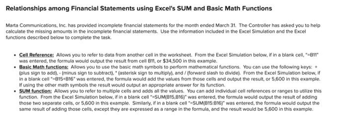 Relationships among Financial Statements using Excel's SUM and Basic Math Functions Marta