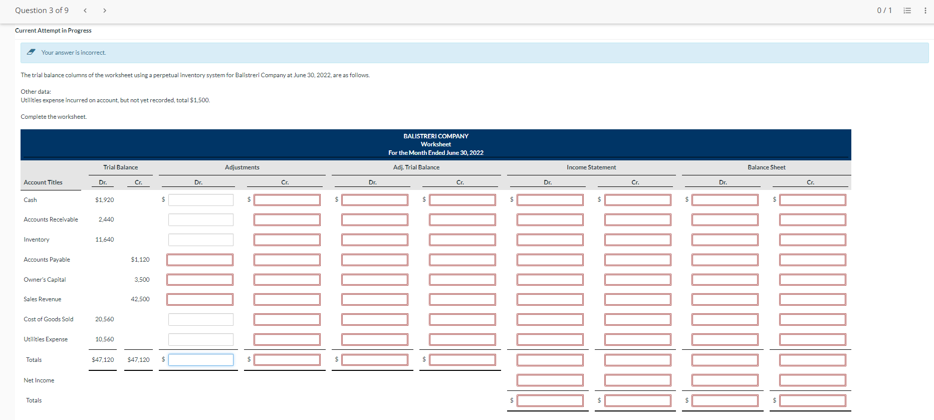 Question 3 of 9 < Current Attempt in Progress > Your answer