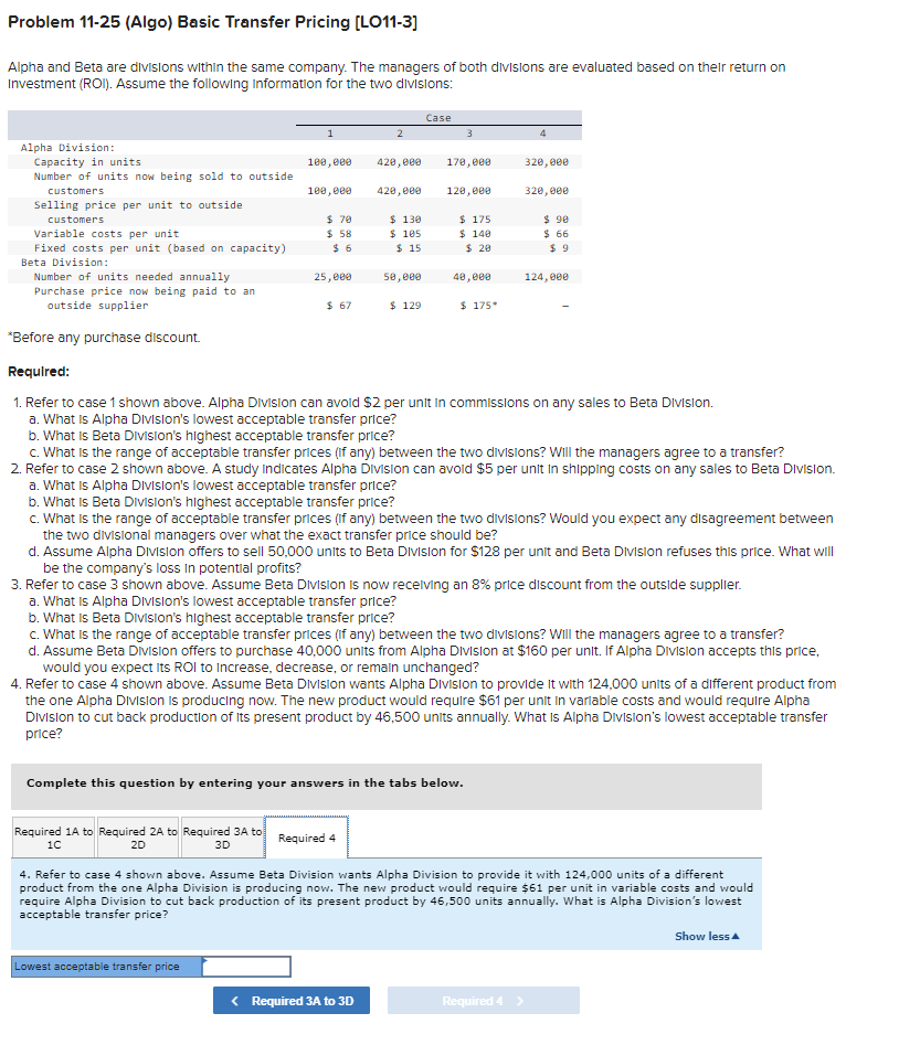 Problem 11-25 (Algo) Basic Transfer Pricing [LO11-3] Alpha and Beta are divisions