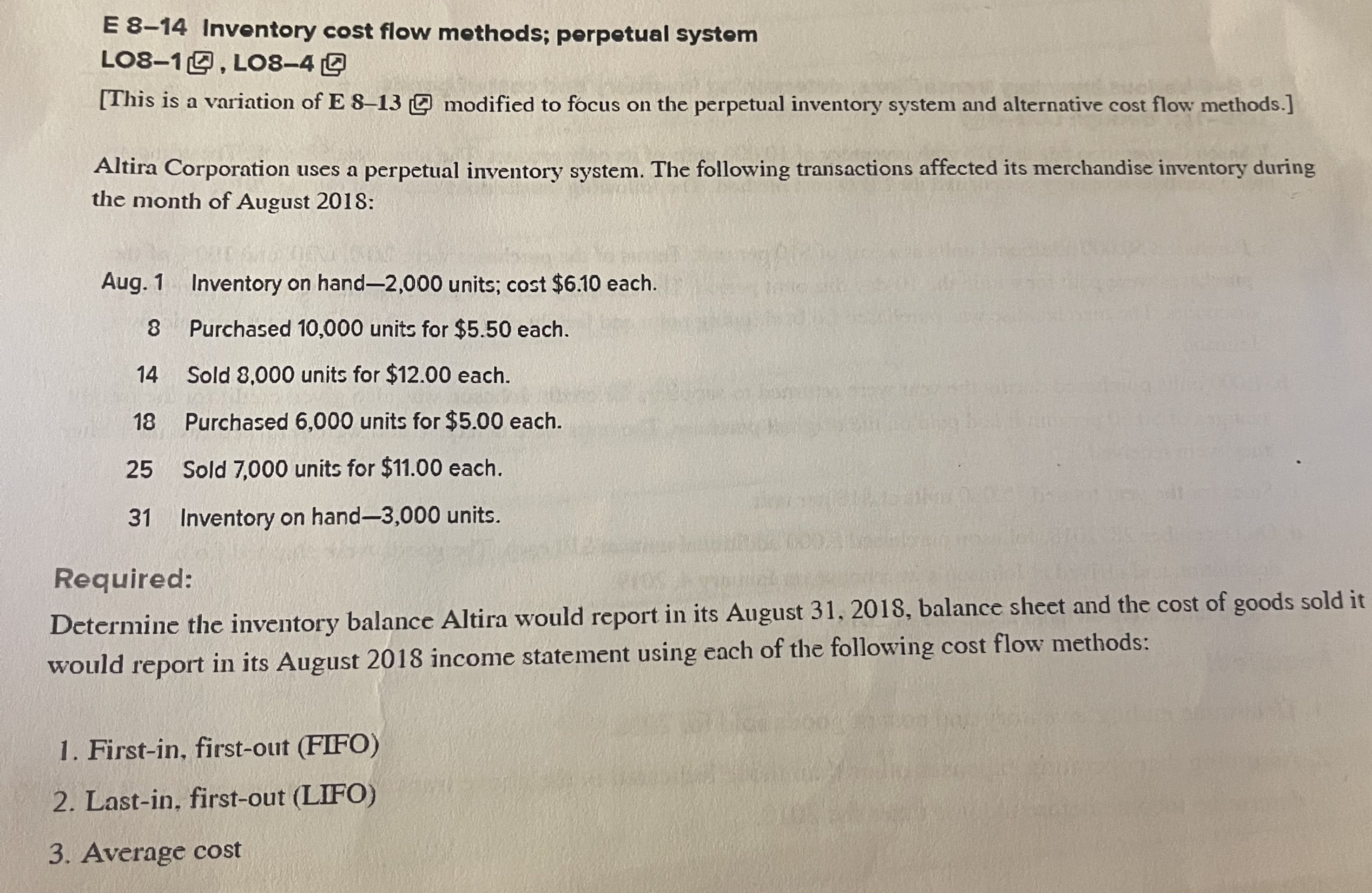 E 8-14 Inventory cost flow methods; perpetual system LO8-1, LO8-4 [This is