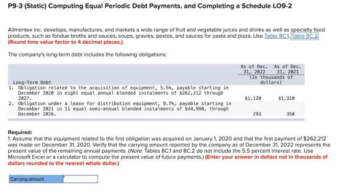 P9-3 (Static) Computing Equal Periodic Debt Payments, and Completing a Schedule LO9-2