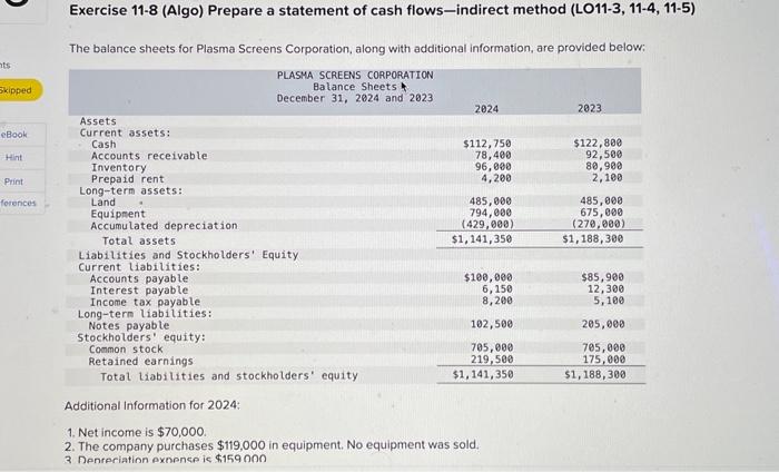 Exercise 11-8 (Algo) Prepare a statement of cash flows-indirect method (LO11-3, 11-4,