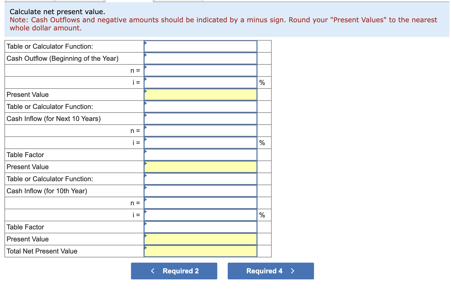 Calculate net present value. Note: Cash Outflows and negative amounts should be