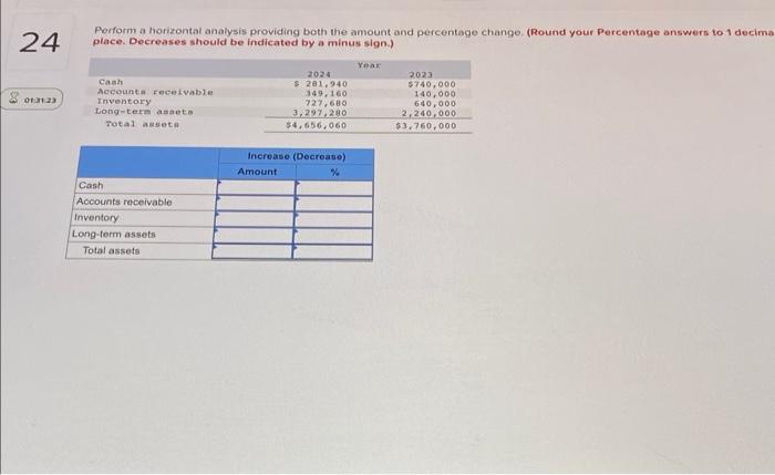 24 Perform a horizontal analysis providing both the amount and percentage change.