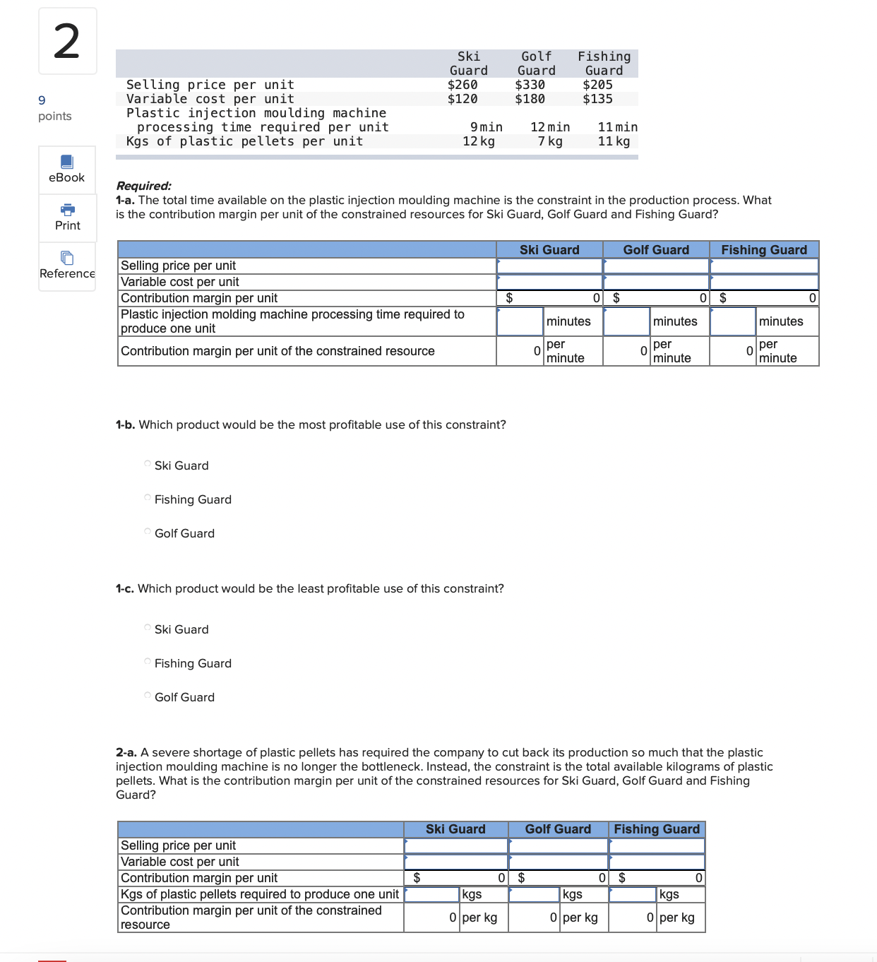 9 2 points Selling price per unit Variable cost per unit Plastic