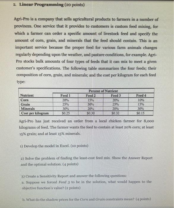 2. Linear Programming (20 points) Agri-Pro is a company that sells agricultural