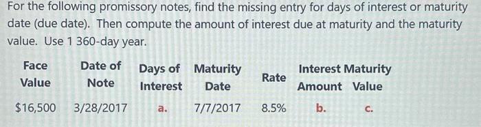 For the following promissory notes, find the missing entry for days of