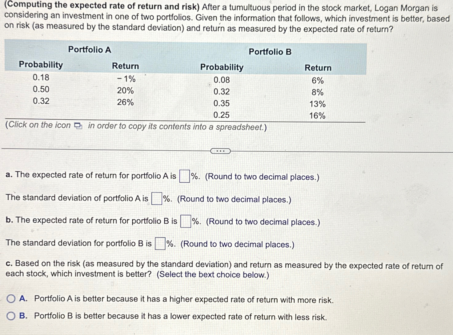 (Computing the expected rate of return and risk) After a tumultuous period