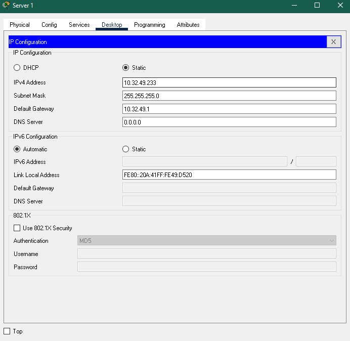 Server 1 Physical Config Services Desktop Programming Attributes IP Configuration IP Configuration