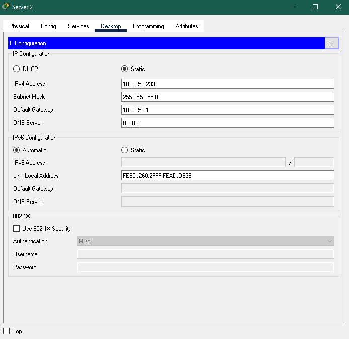 IPv6 Address Link Local Address Default Gateway Static 10.32.49.233 255.255.255.0 10.32.49.1 0.0.0.0