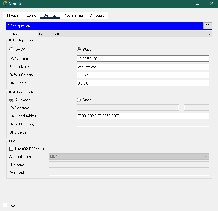 Static FE80::20A:41FF:FE49:D520 DNS Server 802.1X Use 802.1X Security Authentication Username Password Top