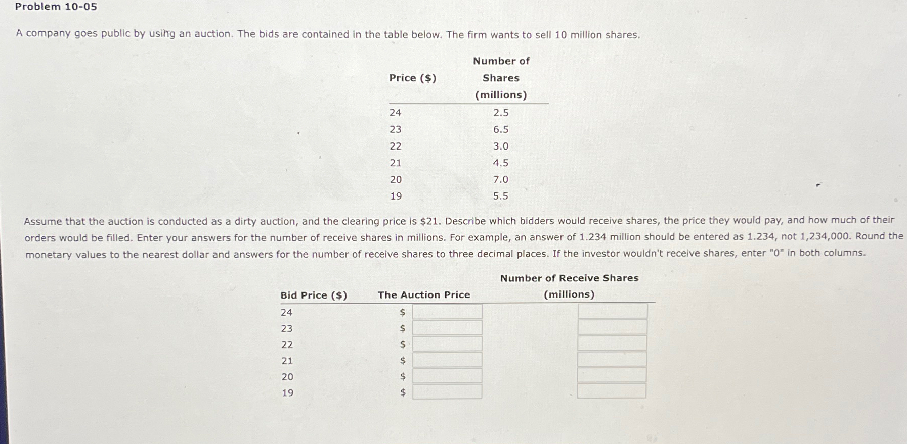 Problem 10-05 A company goes public by using an auction. The bids