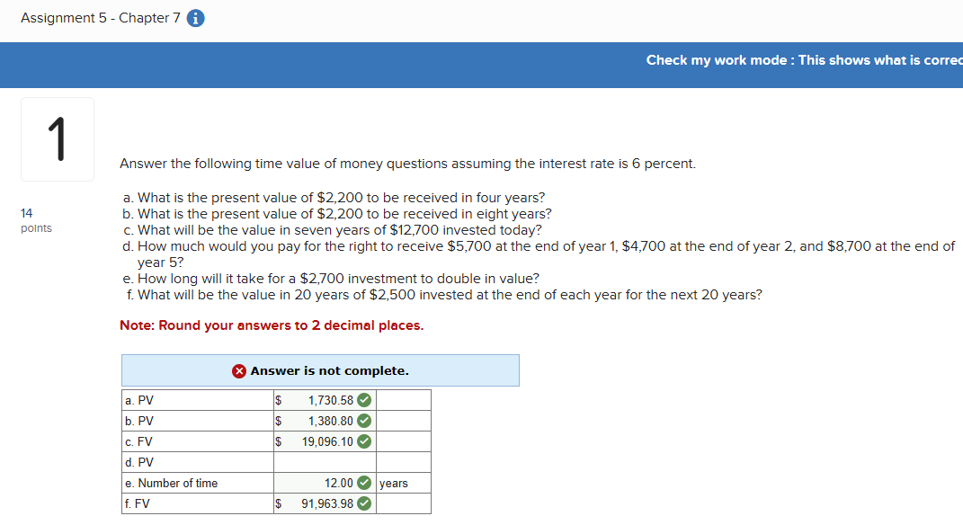 Assignment 5 - Chapter 7 1 1 Check my work mode: This
