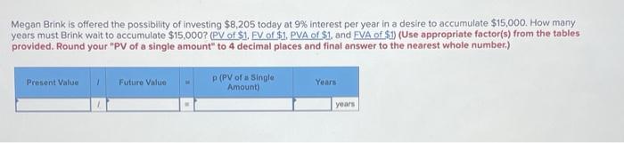 years from today using the future value of 1 table. (PV of