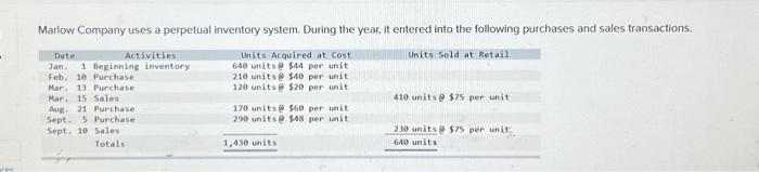 Marlow Company uses a perpetual inventory system. During the year, it entered