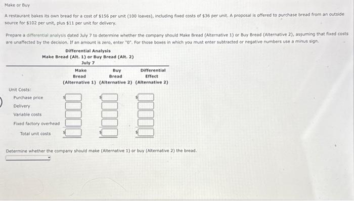 Make or Buy A restaurant bakes its own bread for a cost