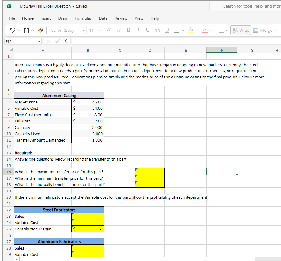 McGraw Hill Excel Question - Saved Search for tools, help, and mor