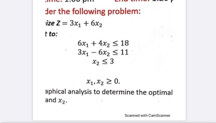 der the following problem: ize Z=3x+6x2 t to: 6x1 + 4x2 18