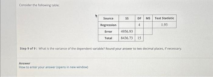 Consider the following table: Source Regression SS DF HO 4 Error 4956.93