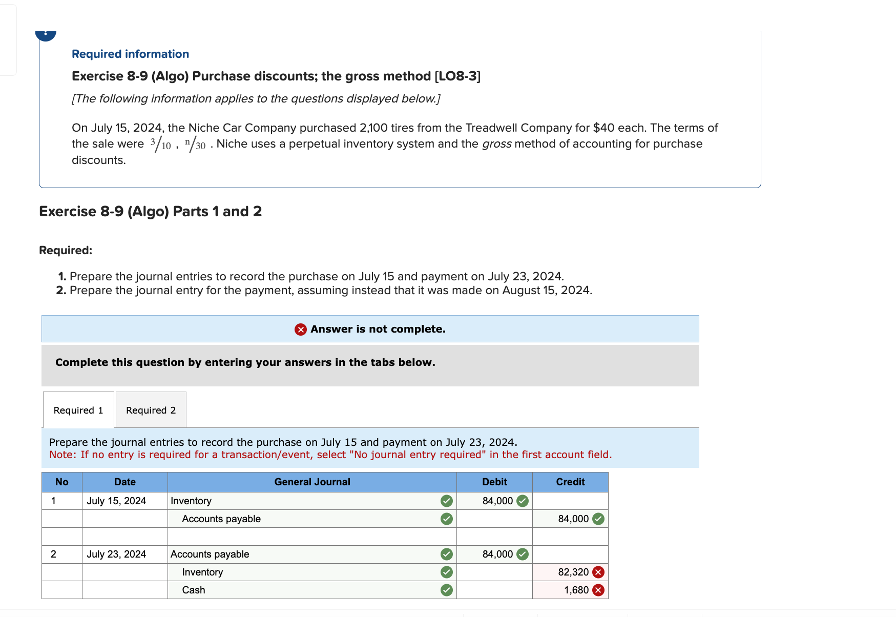 Required information Exercise 8-9 (Algo) Purchase discounts; the gross method [LO8-3] [The