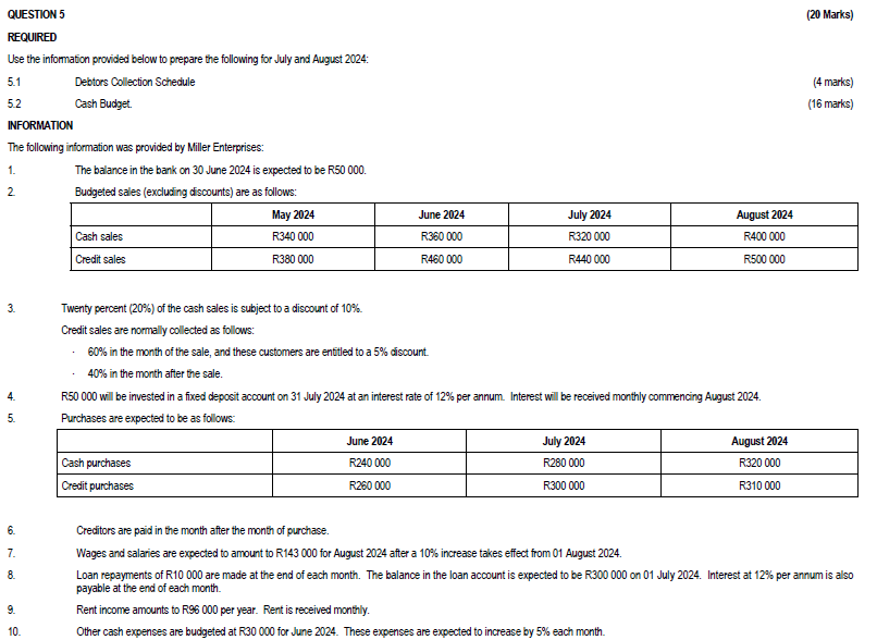 QUESTION 5 REQUIRED Use the information provided below to prepare the following