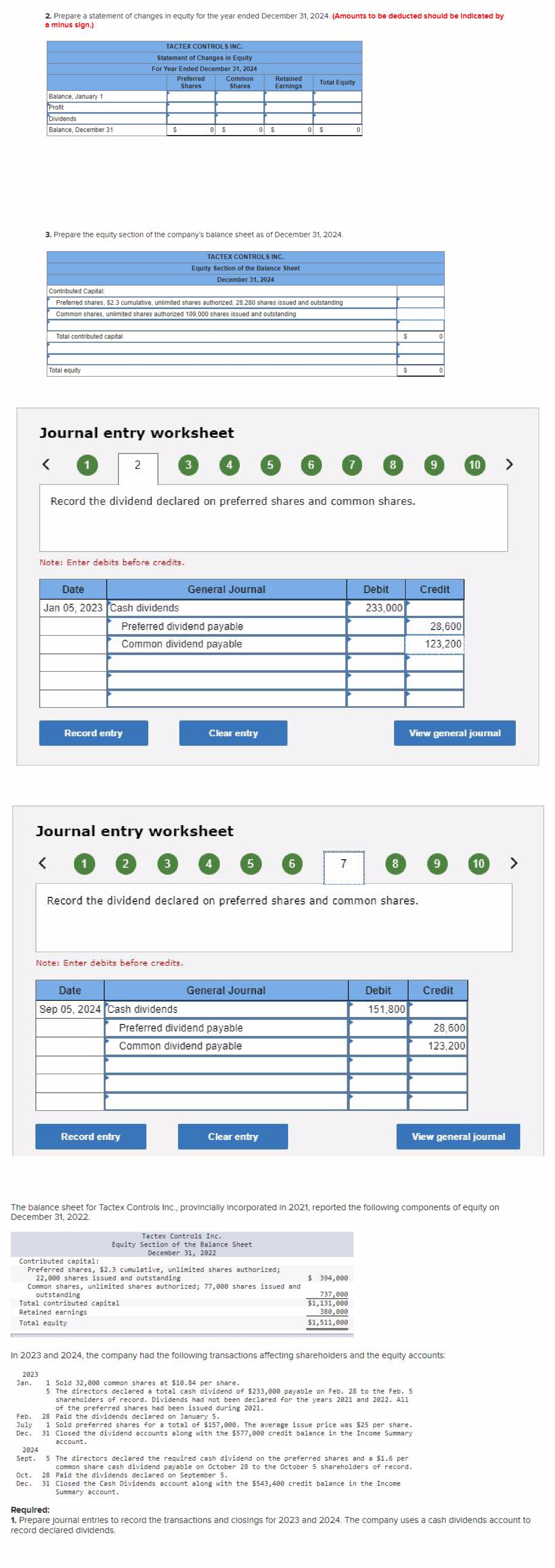 2. Prepare a statement of changes in equity for the year ended