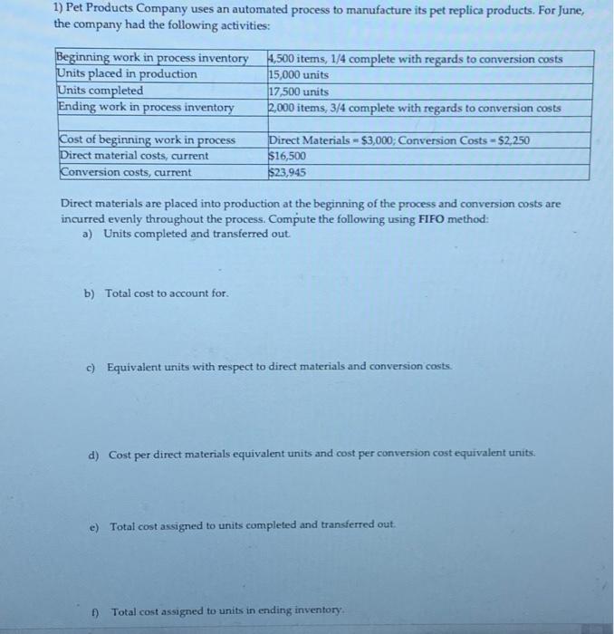 1) Pet Products Company uses an automated process to manufacture its pet