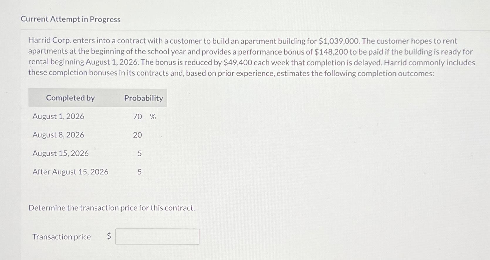 Current Attempt in Progress Harrid Corp. enters into a contract with a