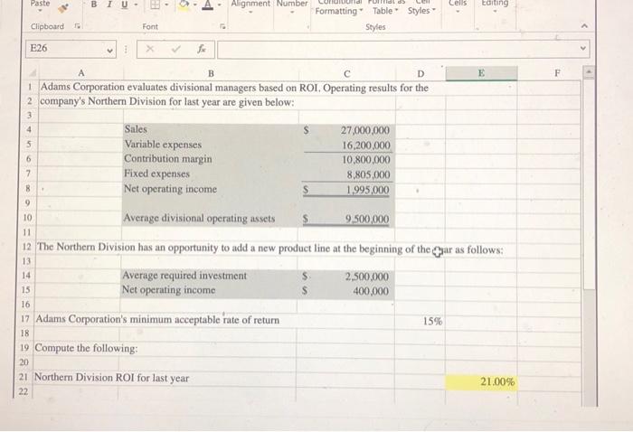 has provided the operating results of the Northern Division from last year.