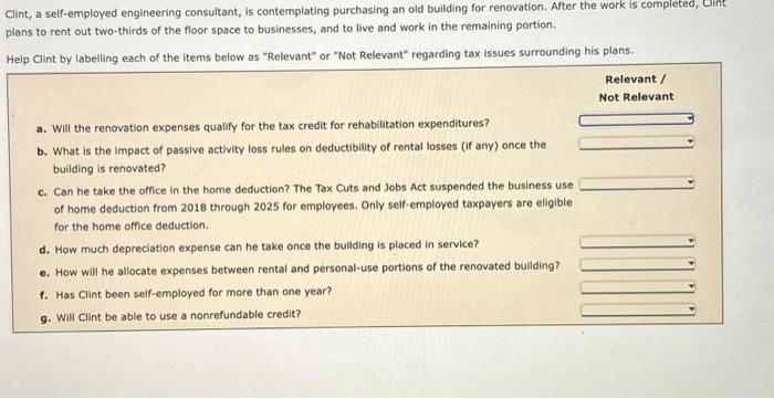 Clint, a self-employed engineering consultant, is contemplating purchasing an old building for