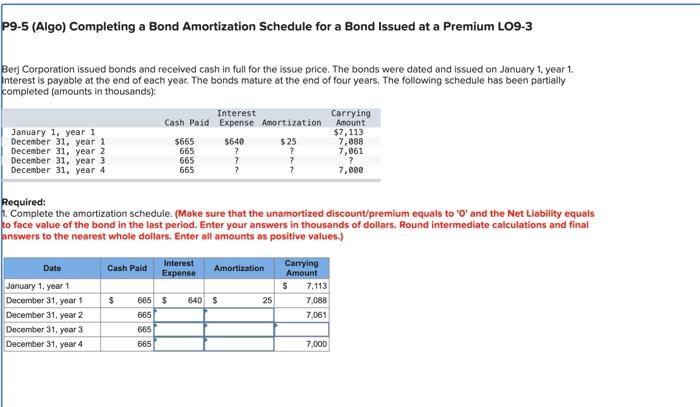 P9-5 (Algo) Completing a Bond Amortization Schedule for a Bond Issued at