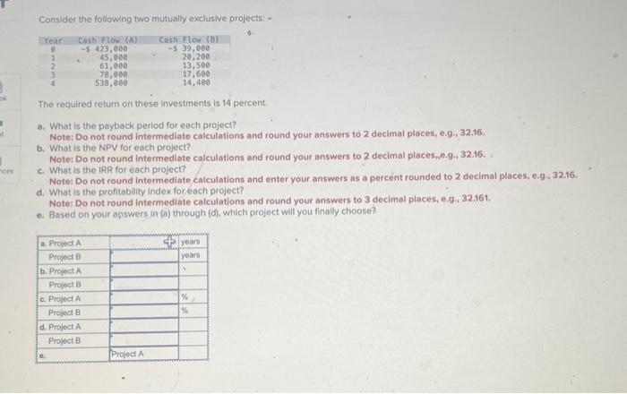 t ices Consider the following two mutually exclusive projects:- Year Cash Flow
